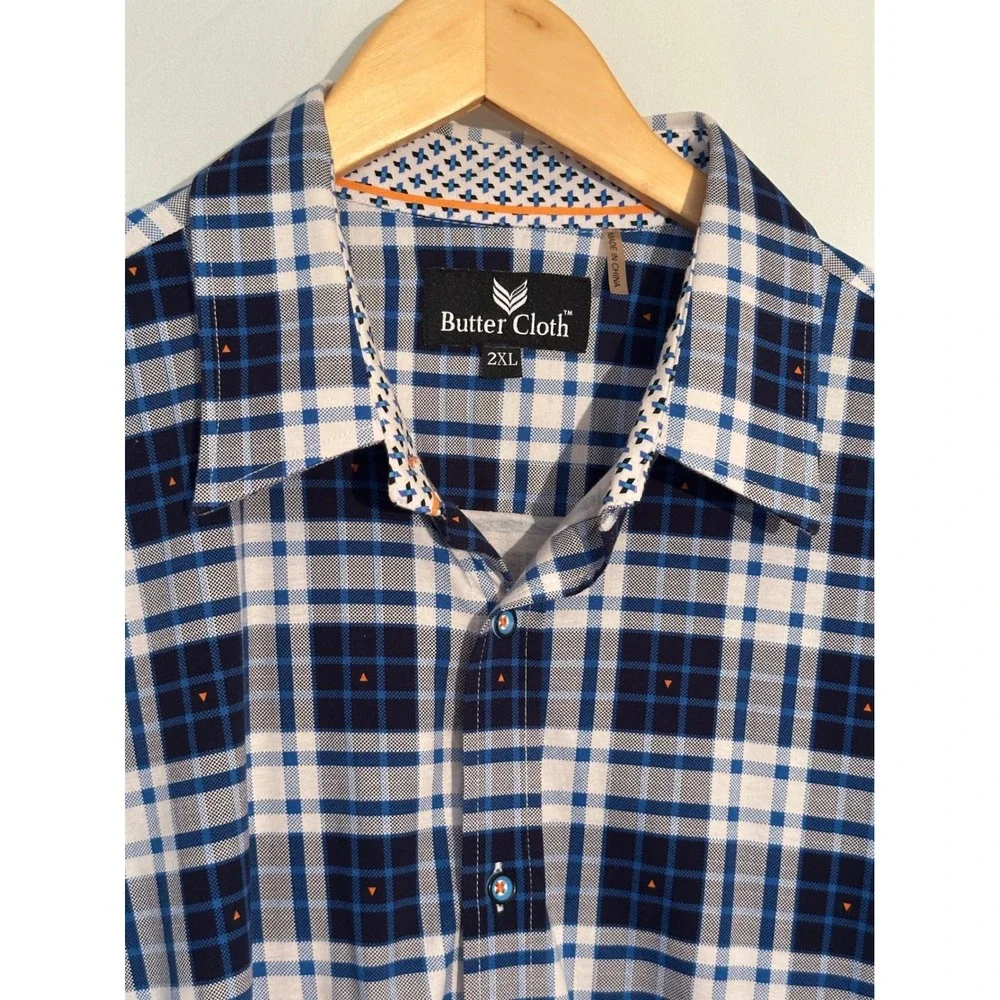 Butter Cloth Mens 2XL Blue White Plaid Long Sleeve Button Down Cotton‎ Shirt